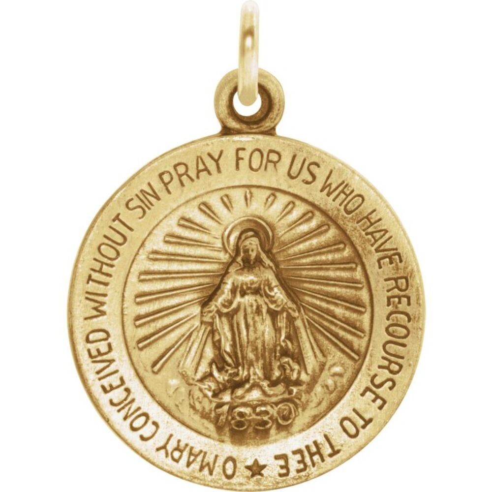 14k Yellow Gold Round Miraculous Medal Charm or Pendant, 15mm